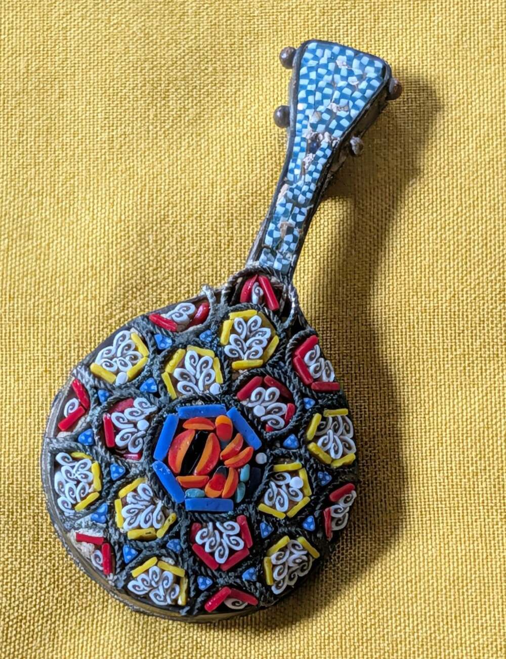 Vintage Micro Mosaic Mandolin Brooch Italy